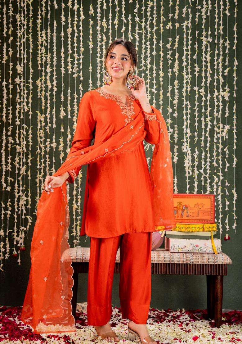 Orange Embroidered Silk Kurta Set - Indya