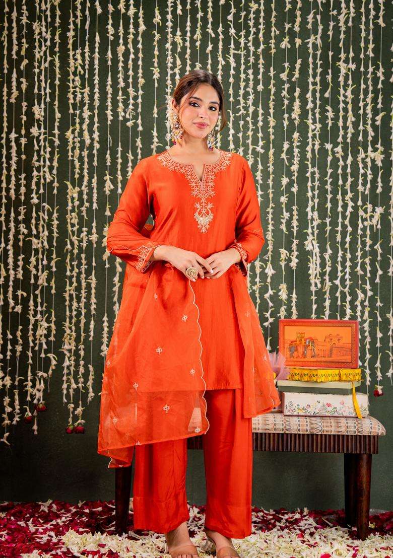 Orange Embroidered Silk Kurta Set - Indya