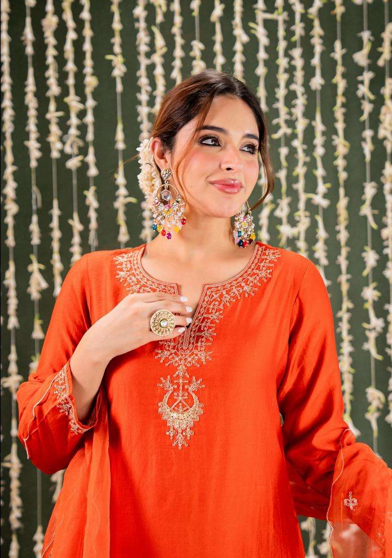 Orange Embroidered Silk Kurta Set - Indya