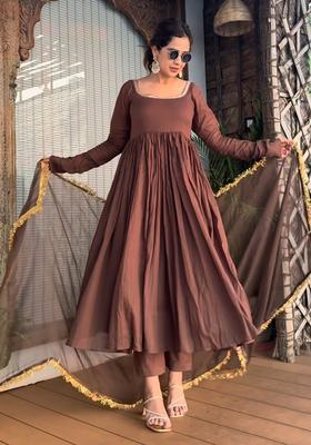 Brown Embroidered Silk Kurta Set