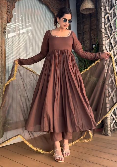 Brown Embroidered Silk Kurta Set