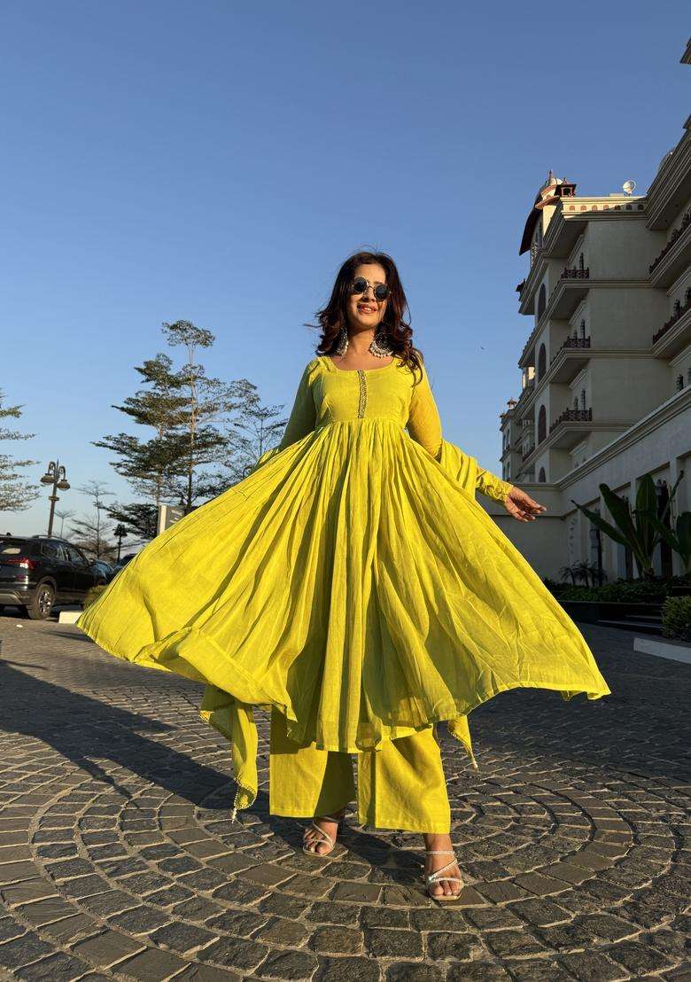 Yellow Embroidered Silk Kurta Set - Indya
