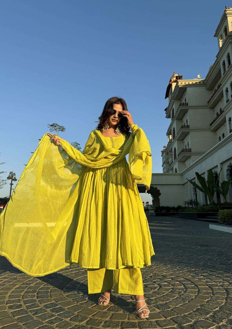 Yellow Embroidered Silk Kurta Set - Indya
