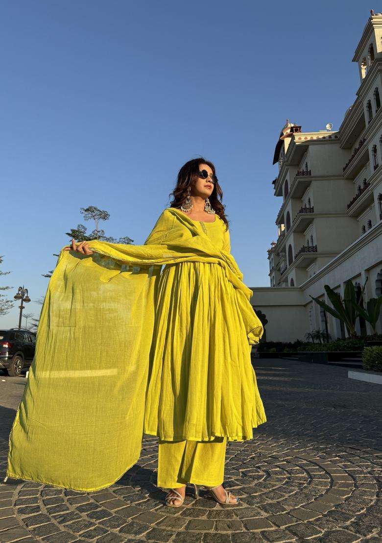 Yellow Embroidered Silk Kurta Set - Indya