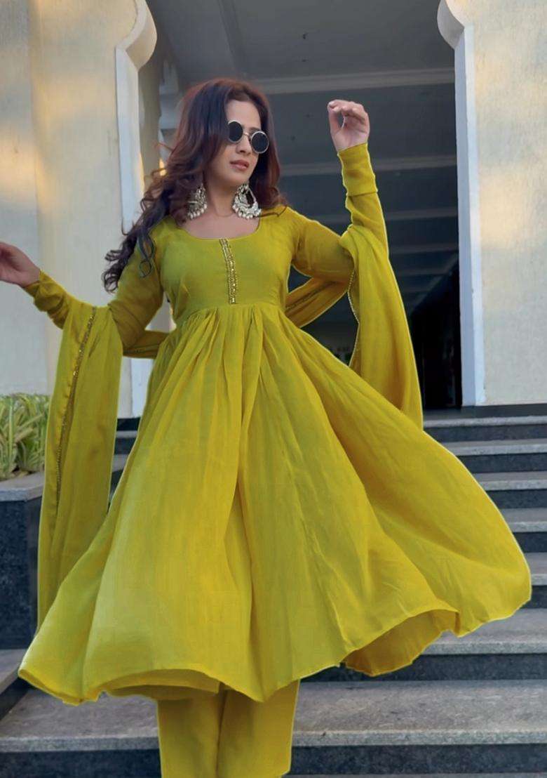 Yellow Embroidered Silk Kurta Set - Indya