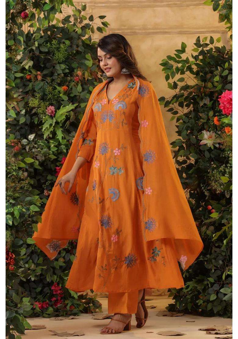 Orange Embroidered Silk Kurta Set - Indya