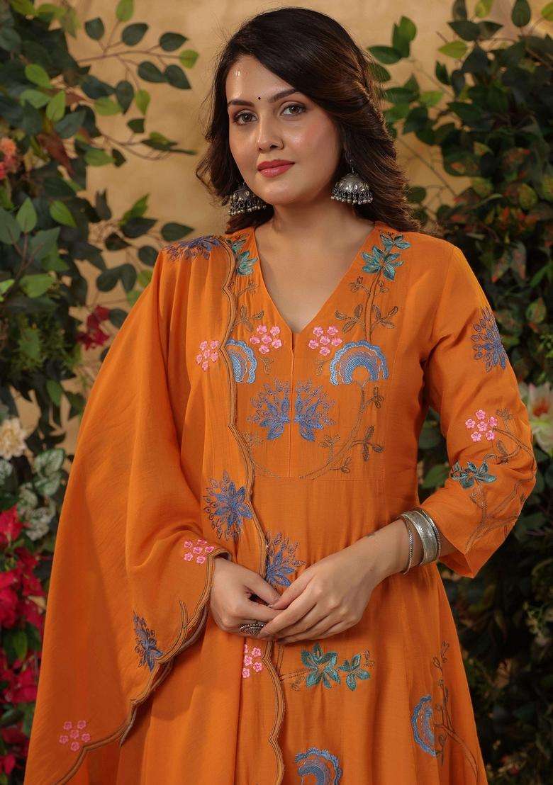 Orange Embroidered Silk Kurta Set - Indya