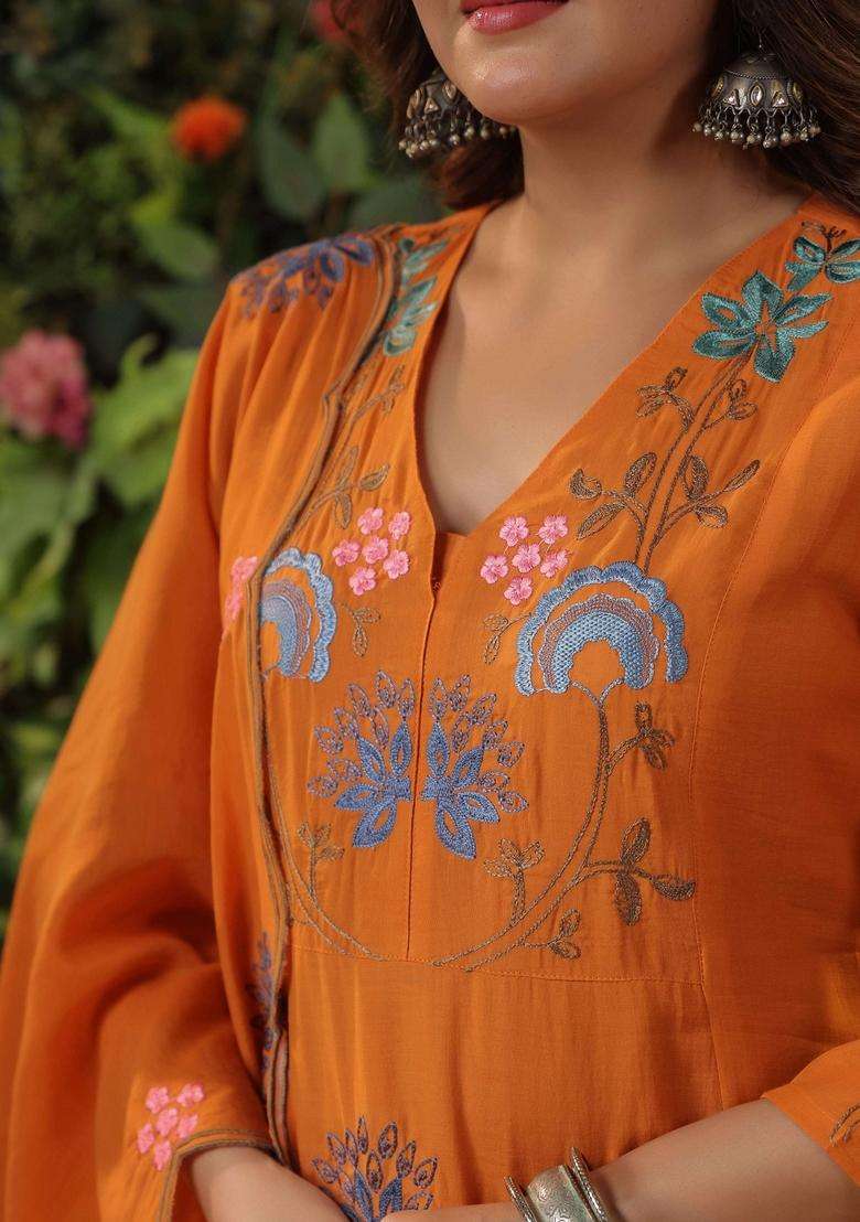 Orange Embroidered Silk Kurta Set - Indya