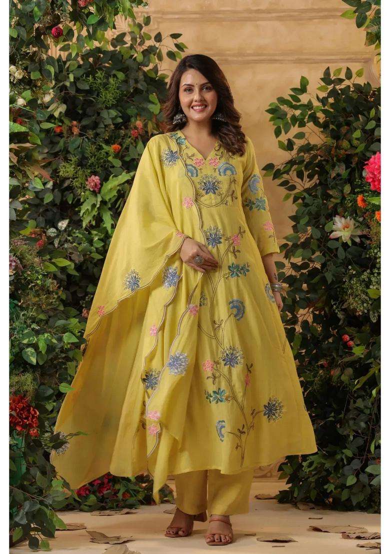 Yellow Embroidered Silk Kurta Set - Indya