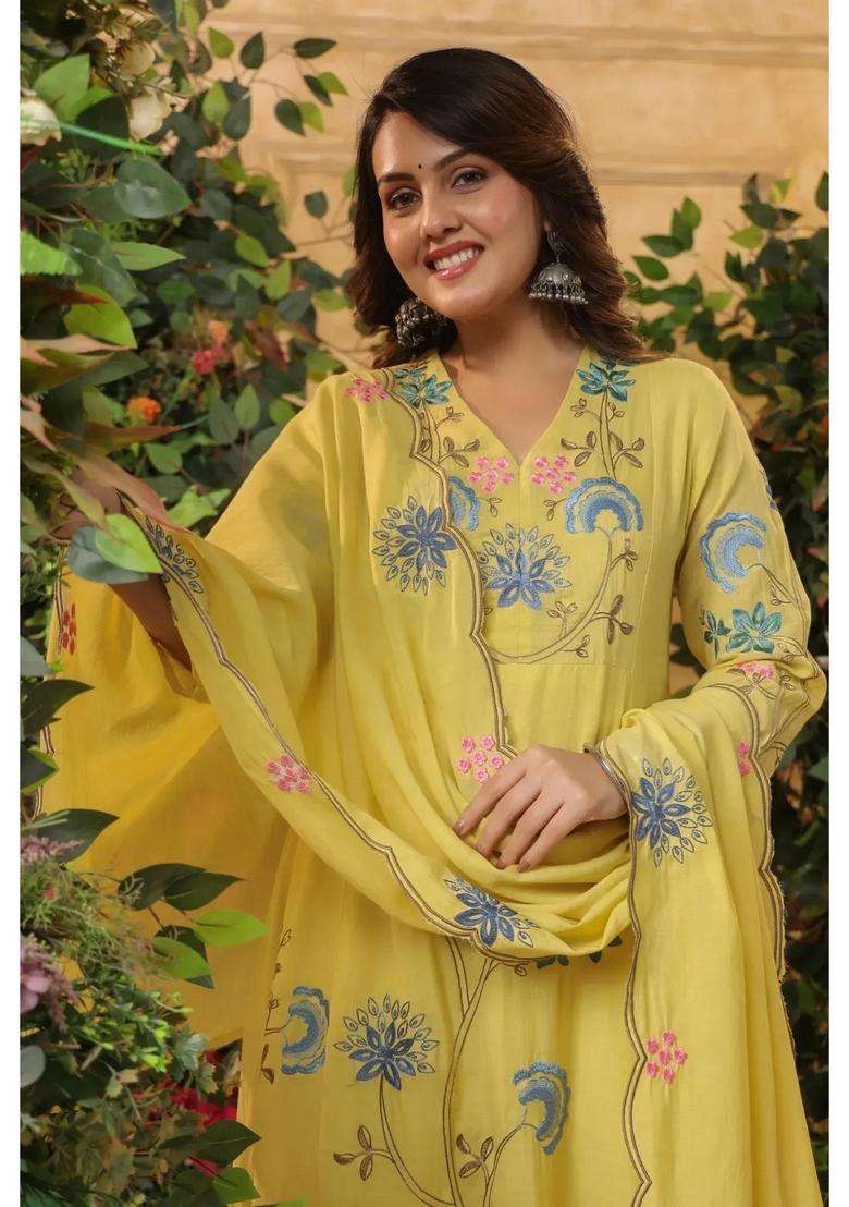 Yellow Embroidered Silk Kurta Set - Indya