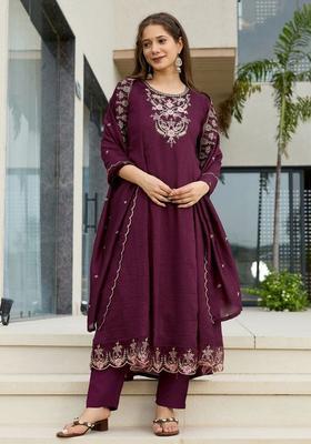 Wine Embroidered Silk Kurta Set