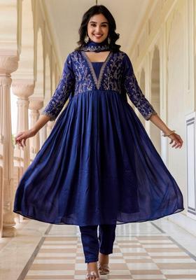 Blue Embroidered Silk Kurta Set