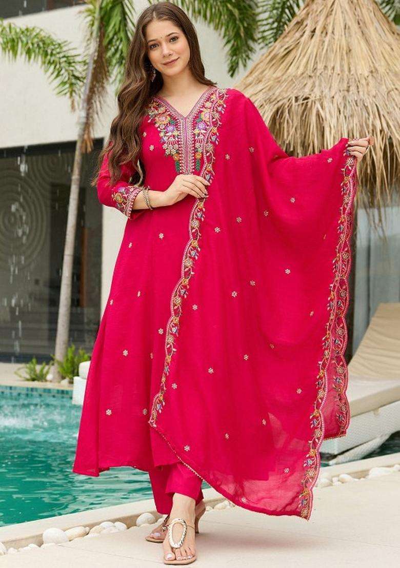 Pink Embroidered Silk Blend Kurta Set - Indya