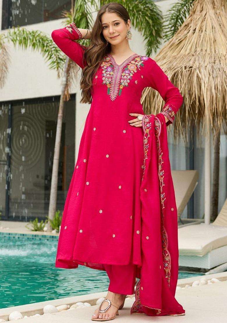 Pink Embroidered Silk Blend Kurta Set - Indya