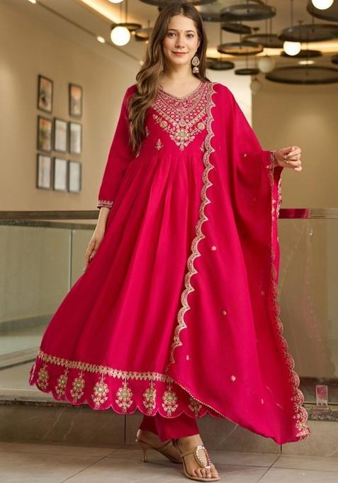 Pink Embroidered Silk Kurta Set