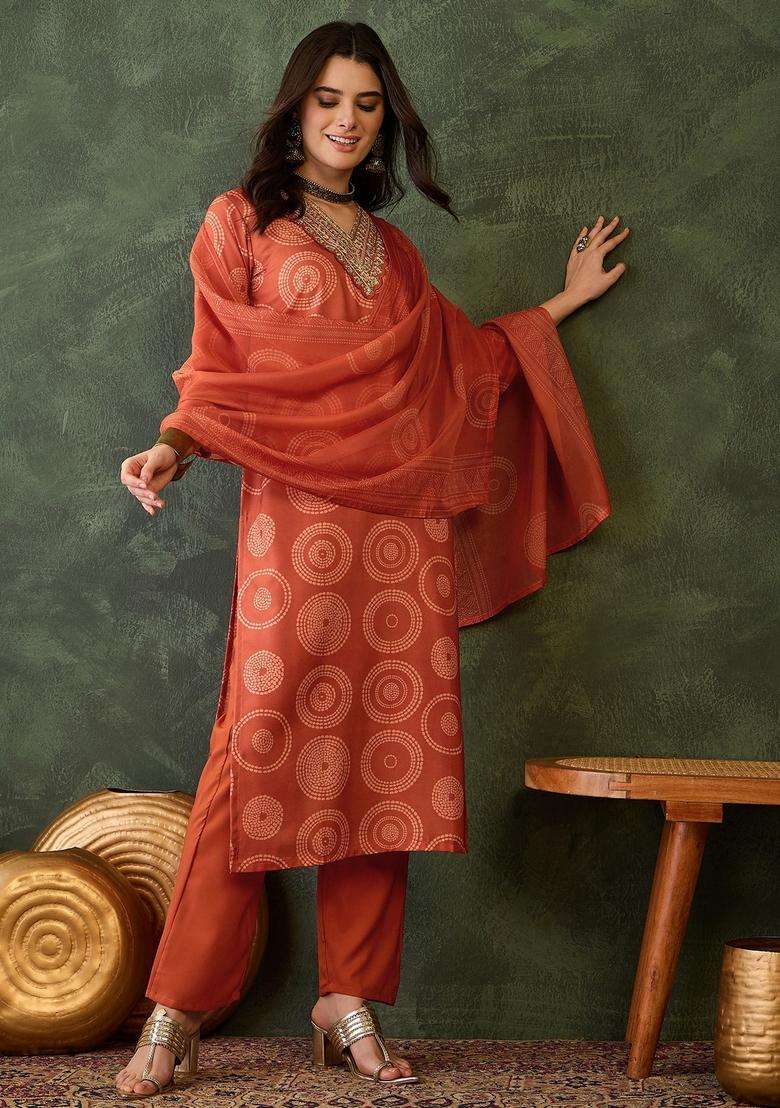 Orange Embroidered Rayon Kurta Set - Indya