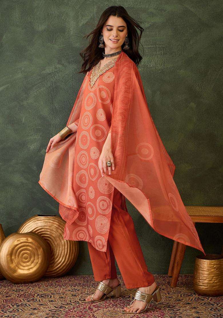 Orange Embroidered Rayon Kurta Set - Indya