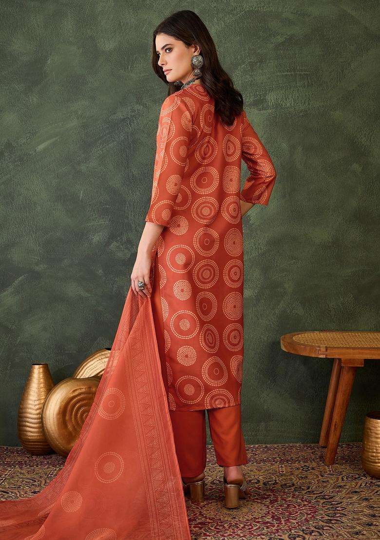 Orange Embroidered Rayon Kurta Set - Indya