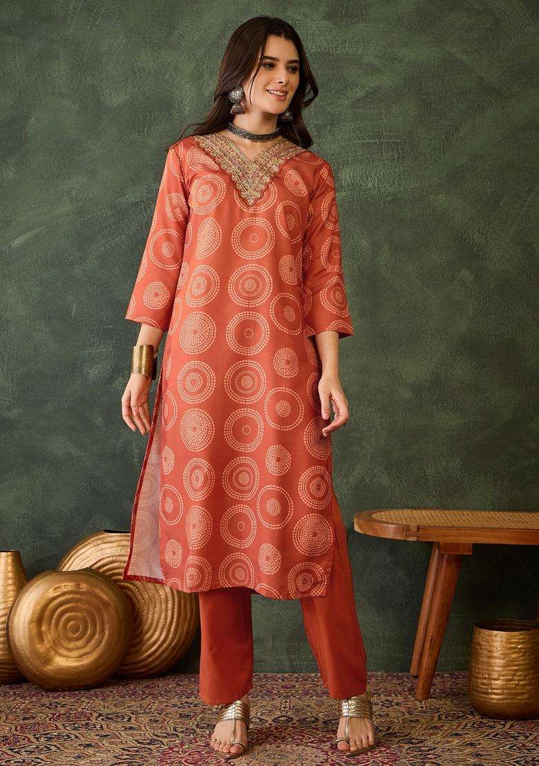 Orange Embroidered Rayon Kurta Set - Indya