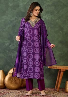 Purple Embroidered Rayon Kurta Set