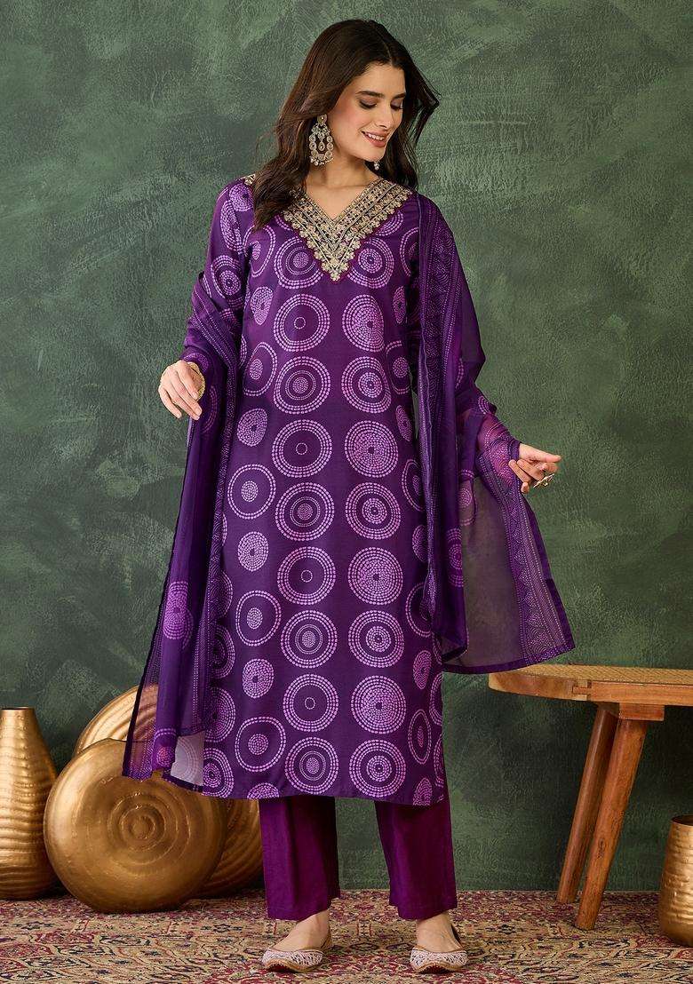Purple Embroidered Rayon Kurta Set - Indya