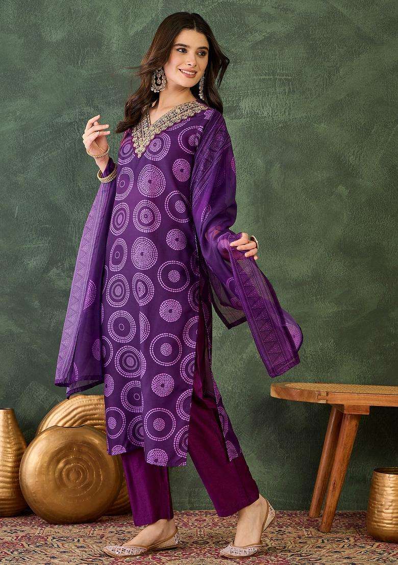 Purple Embroidered Rayon Kurta Set - Indya
