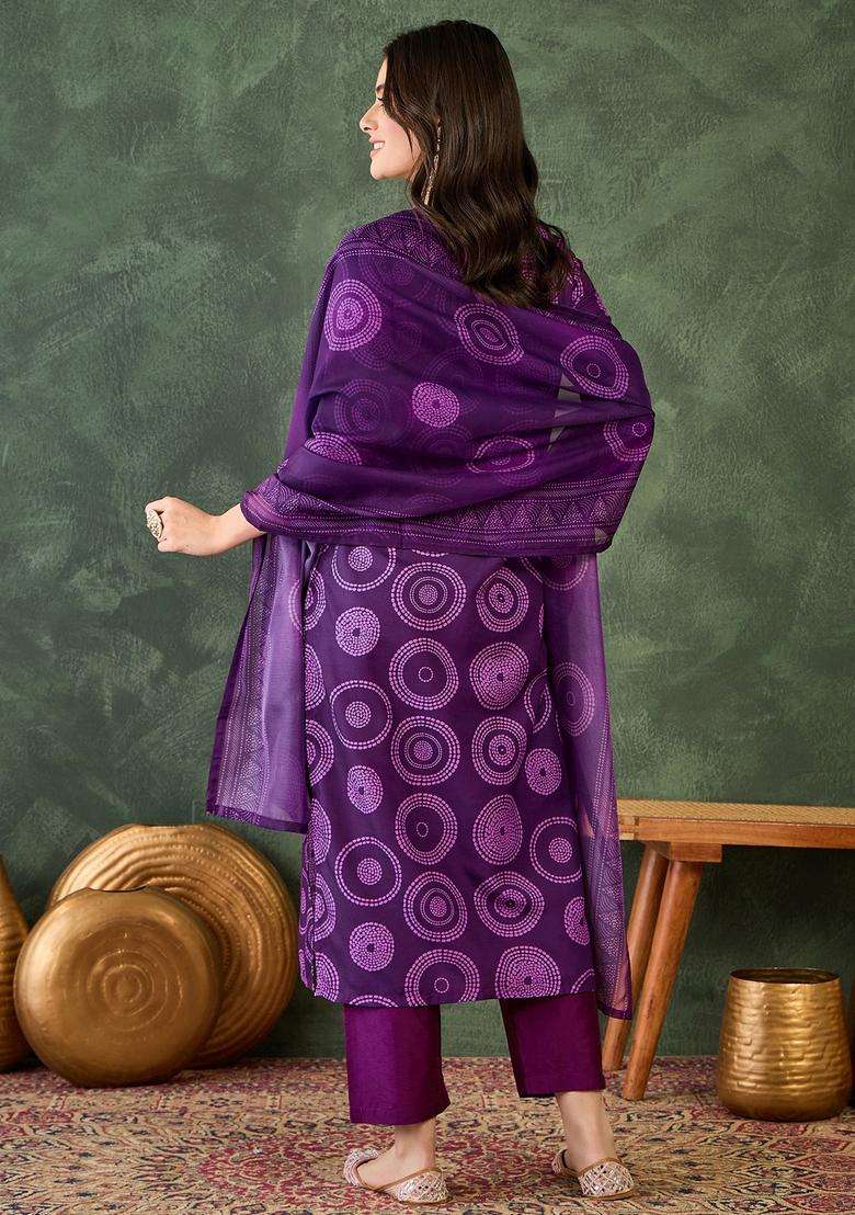 Purple Embroidered Rayon Kurta Set - Indya