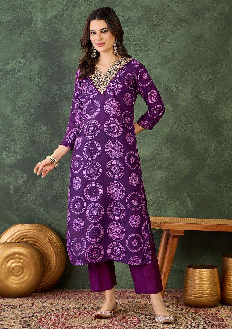 Purple Embroidered Rayon Kurta Set - Indya