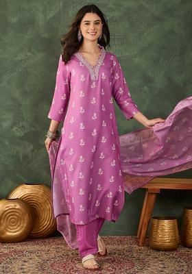 Pink Embroidered Rayon Kurta Set