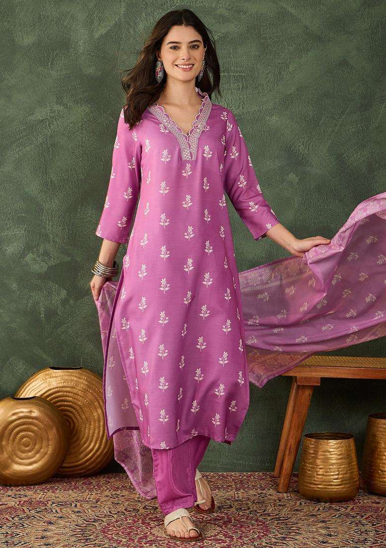 Pink Embroidered Rayon Kurta Set - Indya