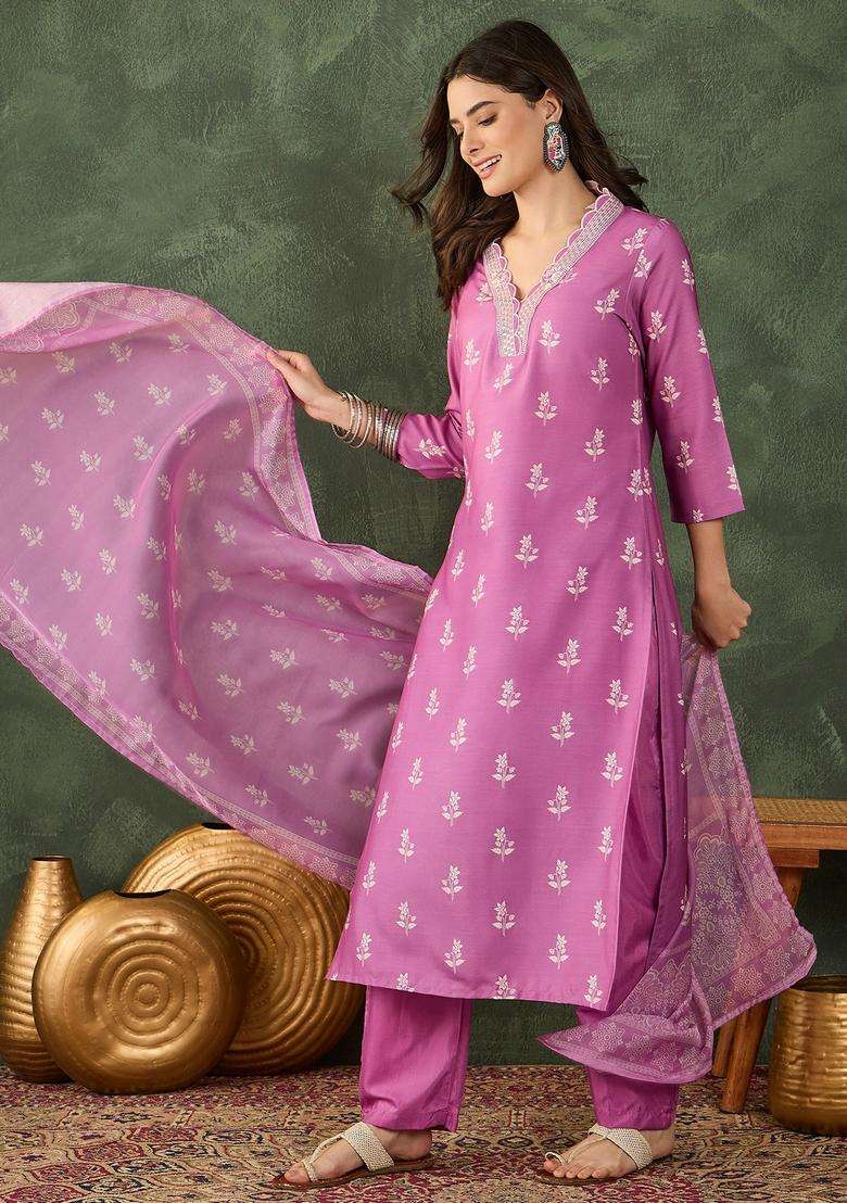 Pink Embroidered Rayon Kurta Set - Indya