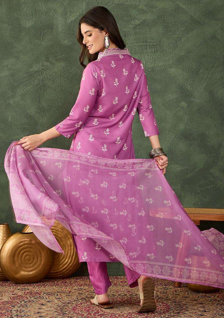 Pink Embroidered Rayon Kurta Set - Indya