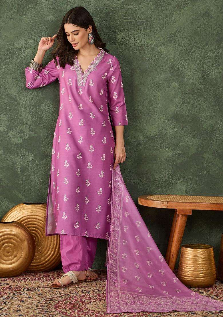 Pink Embroidered Rayon Kurta Set - Indya