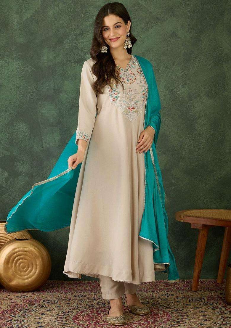 Cream Embroidered Rayon Kurta Set - Indya