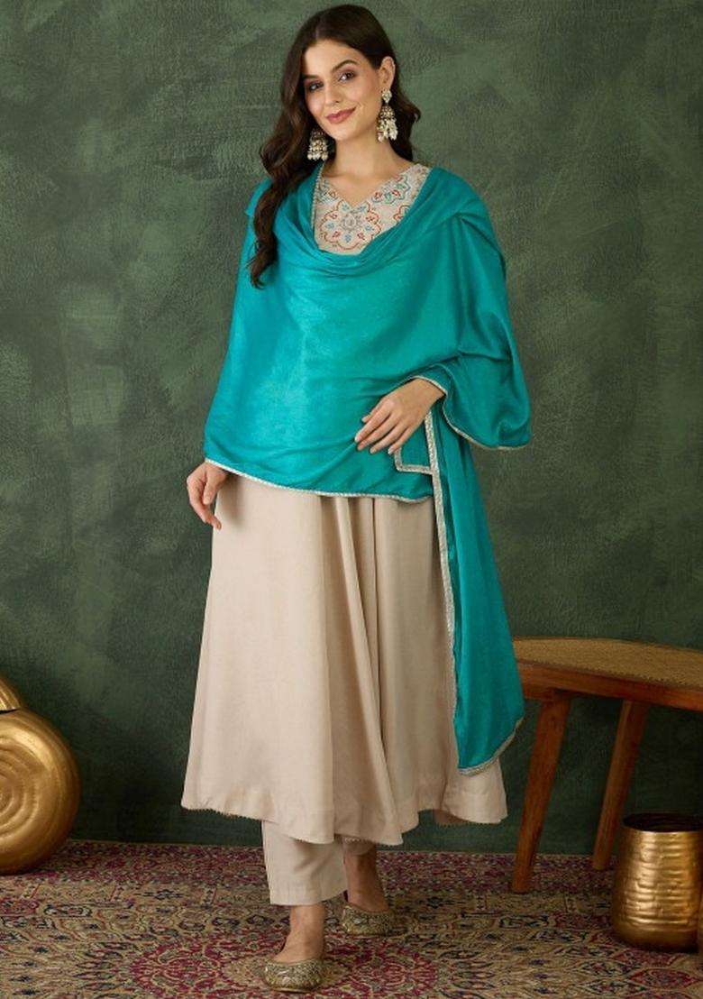 Cream Embroidered Rayon Kurta Set - Indya