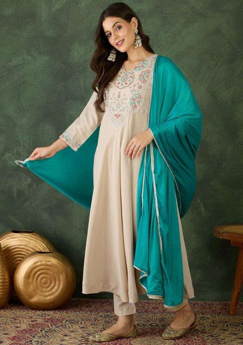 Cream Embroidered Rayon Kurta Set - Indya