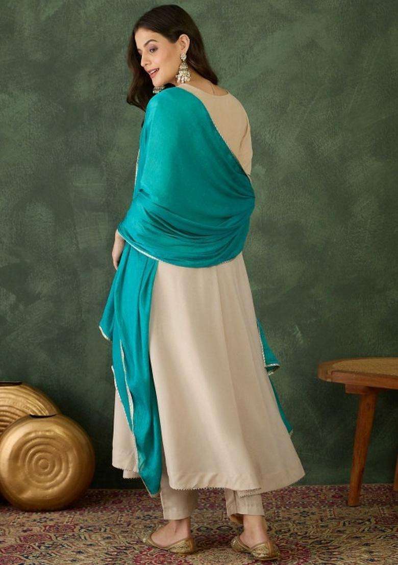 Cream Embroidered Rayon Kurta Set - Indya