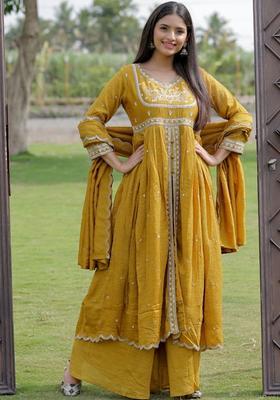 Yellow Embroidered Silk Kurta Set