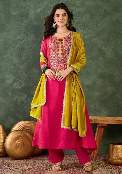 Pink Embroidered Silk Kurta Set