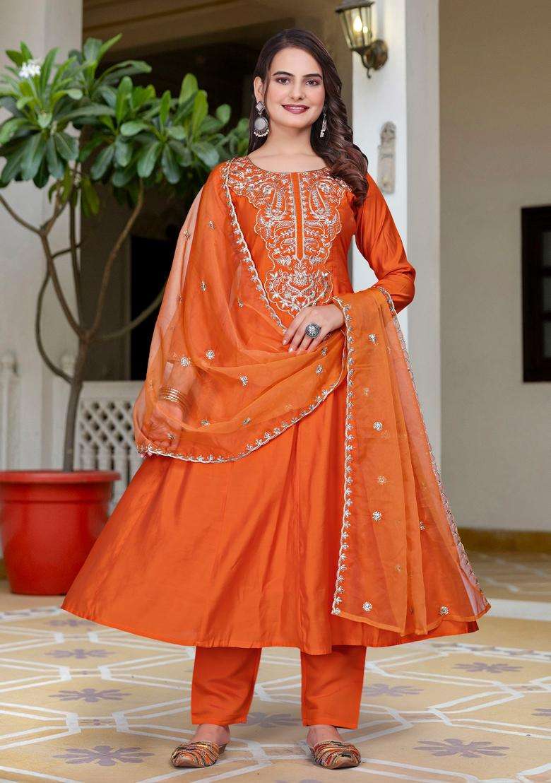 Orange Embroidered Silk Kurta Set - Indya
