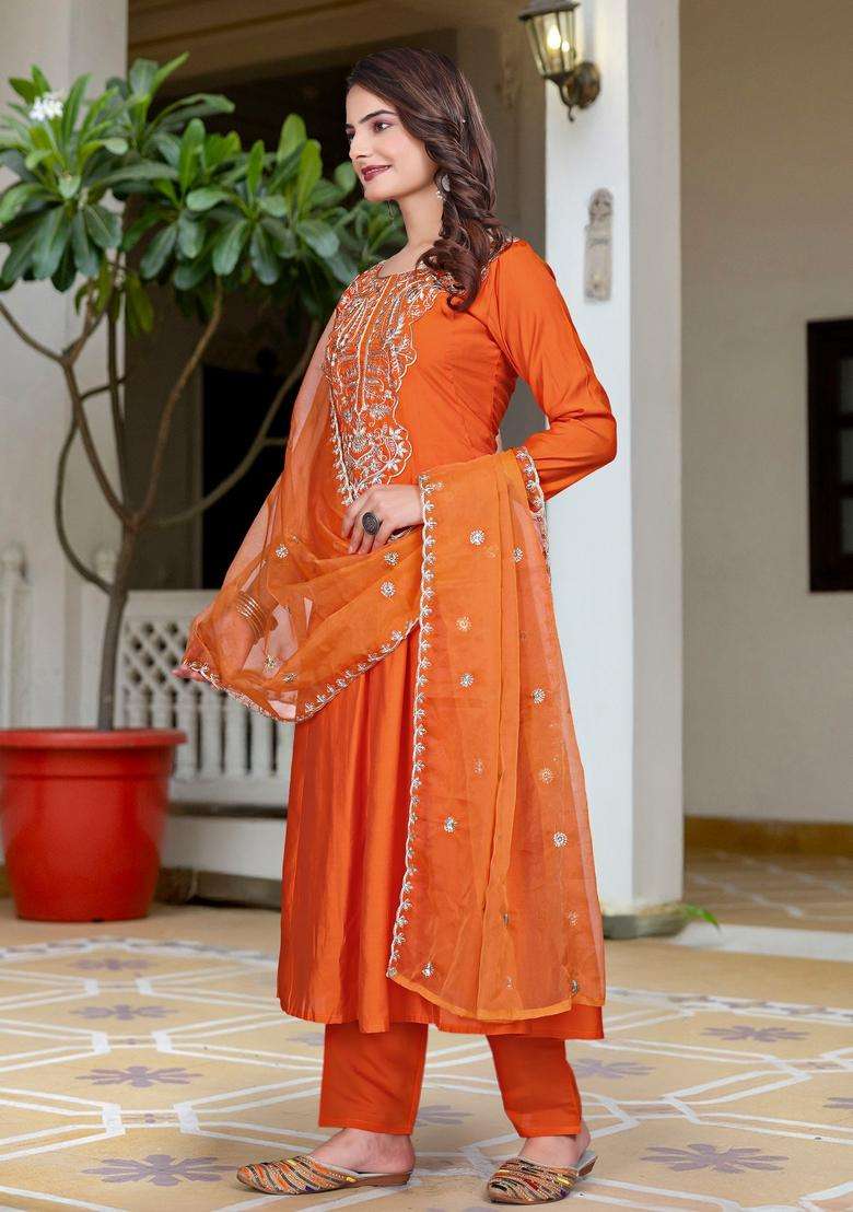 Orange Embroidered Silk Kurta Set - Indya