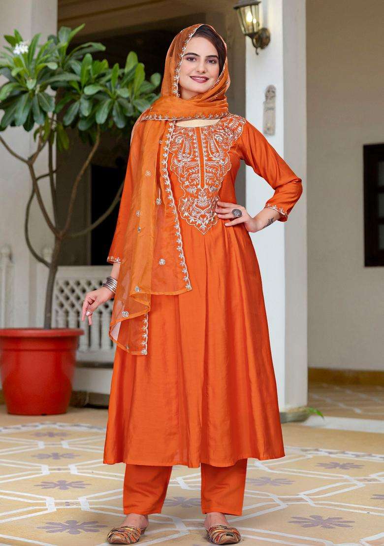 Orange Embroidered Silk Kurta Set - Indya