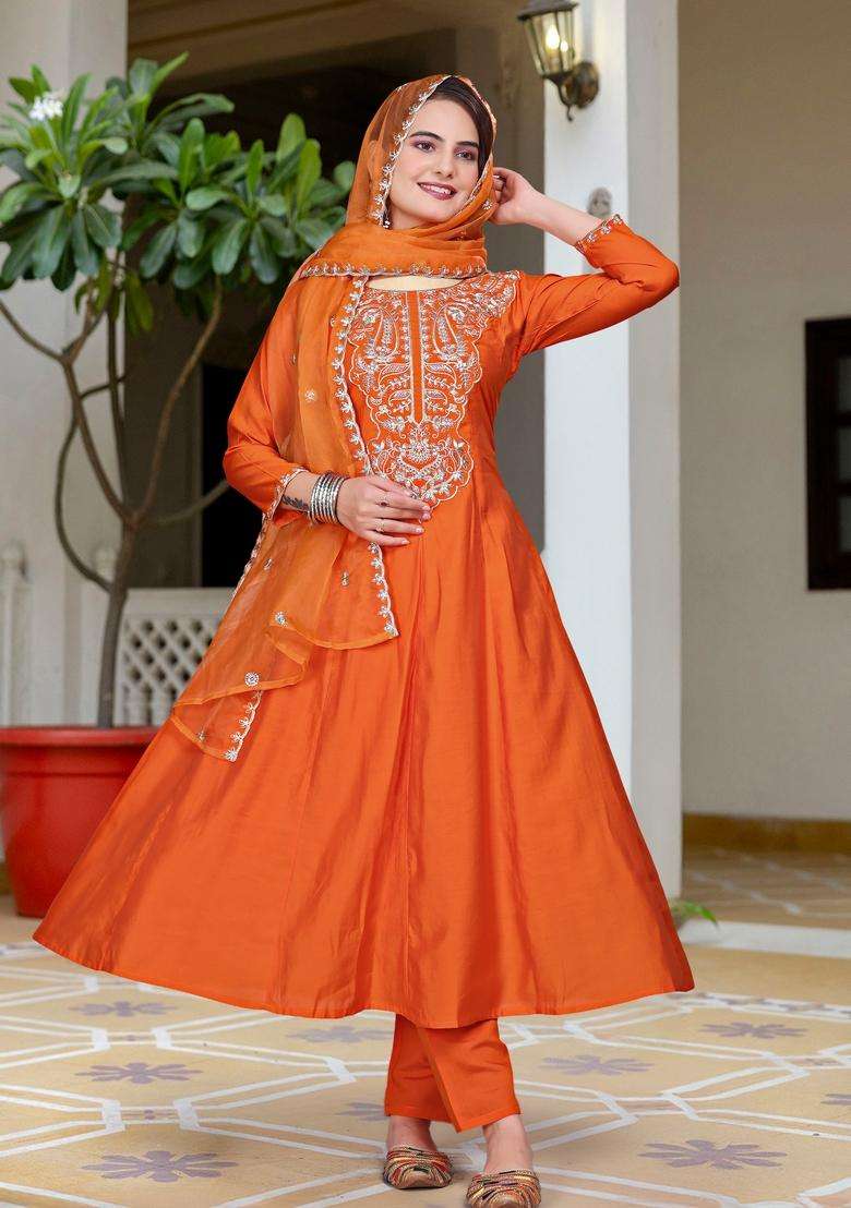 Orange Embroidered Silk Kurta Set - Indya