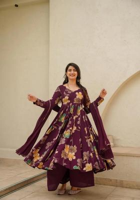 Brown Embroidered Rayon Kurta Set