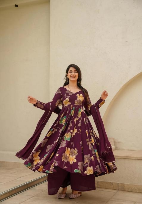 Brown Embroidered Rayon Kurta Set