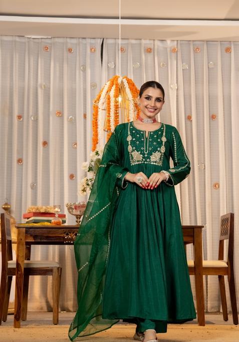 Green Embroidered Silk Kurta Set