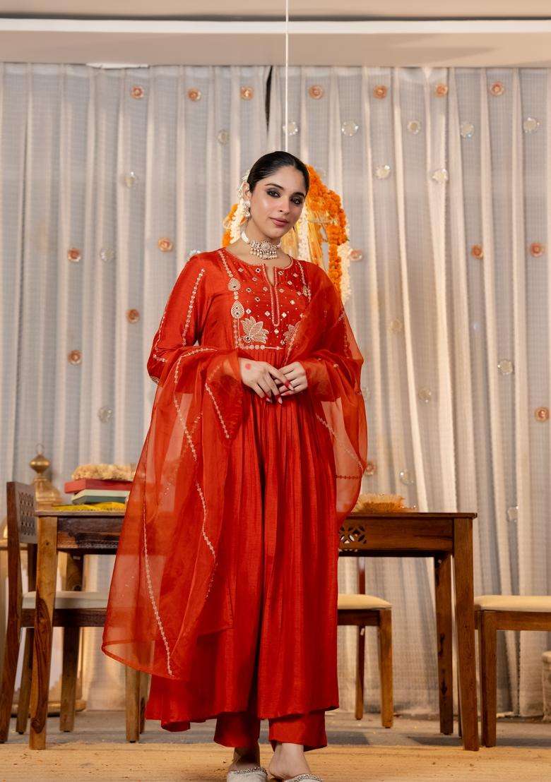 Orange Embroidered Silk Kurta Set - Indya