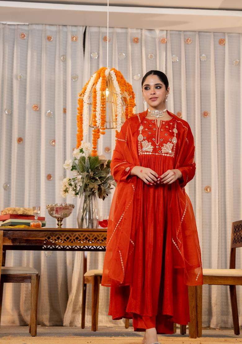 Orange Embroidered Silk Kurta Set - Indya