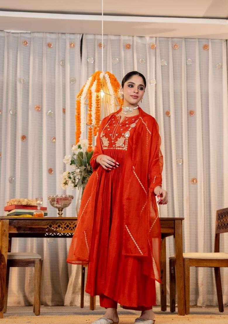 Orange Embroidered Silk Kurta Set - Indya