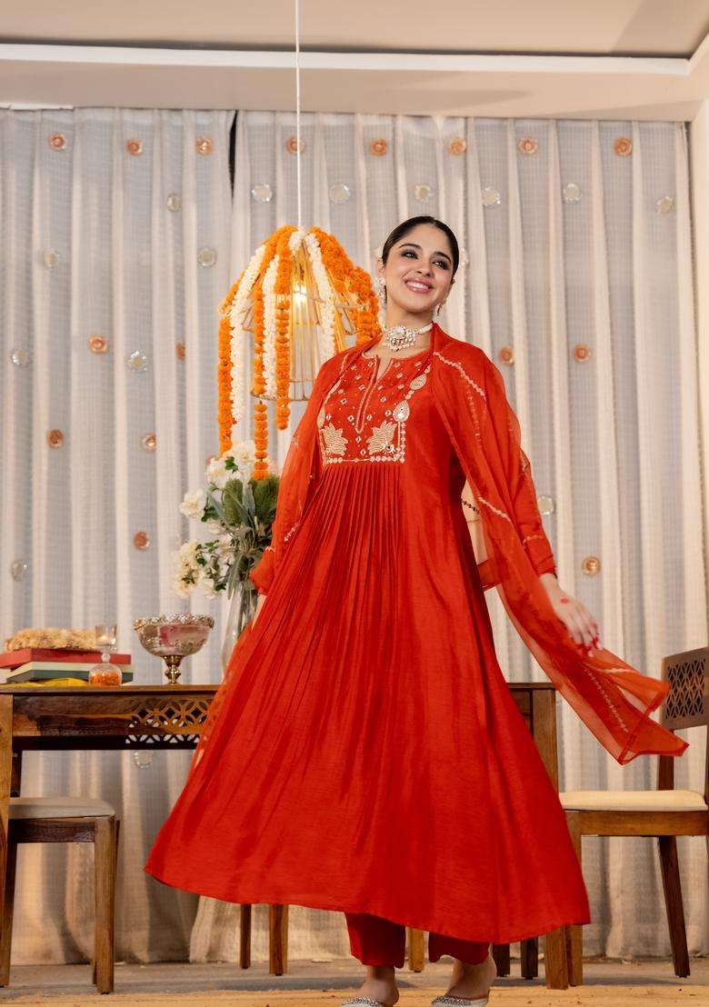 Orange Embroidered Silk Kurta Set - Indya